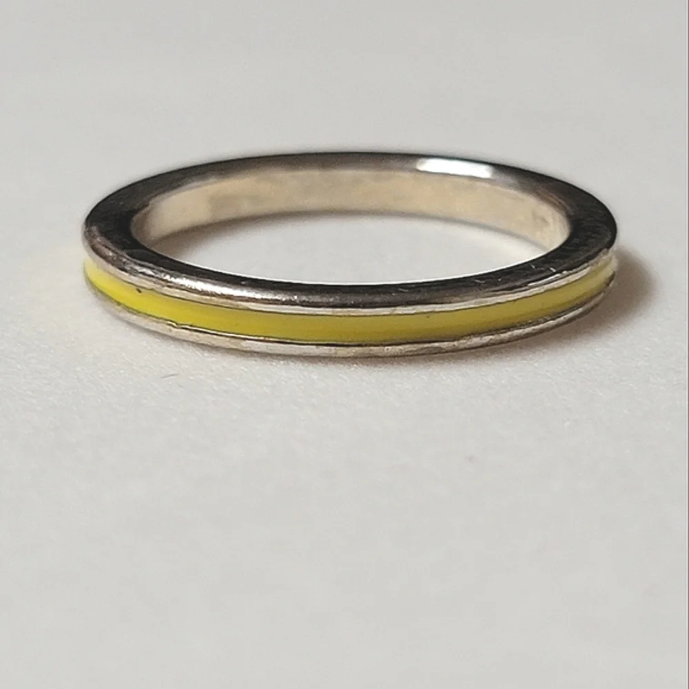 Yellow and Silver Tone Band Ring Enamel Stcking